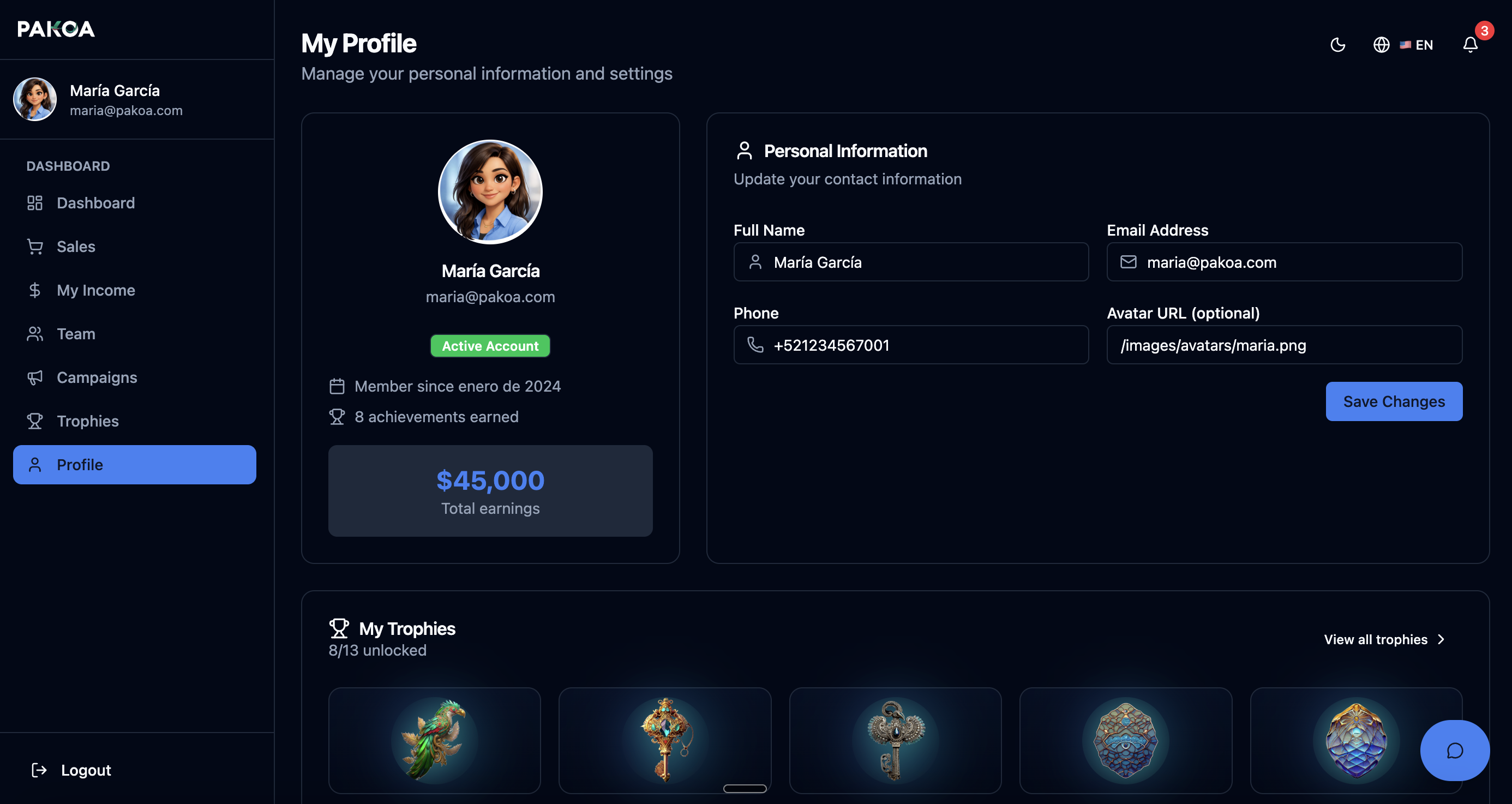 Pakoa Dashboard - Gamified MLM Platform